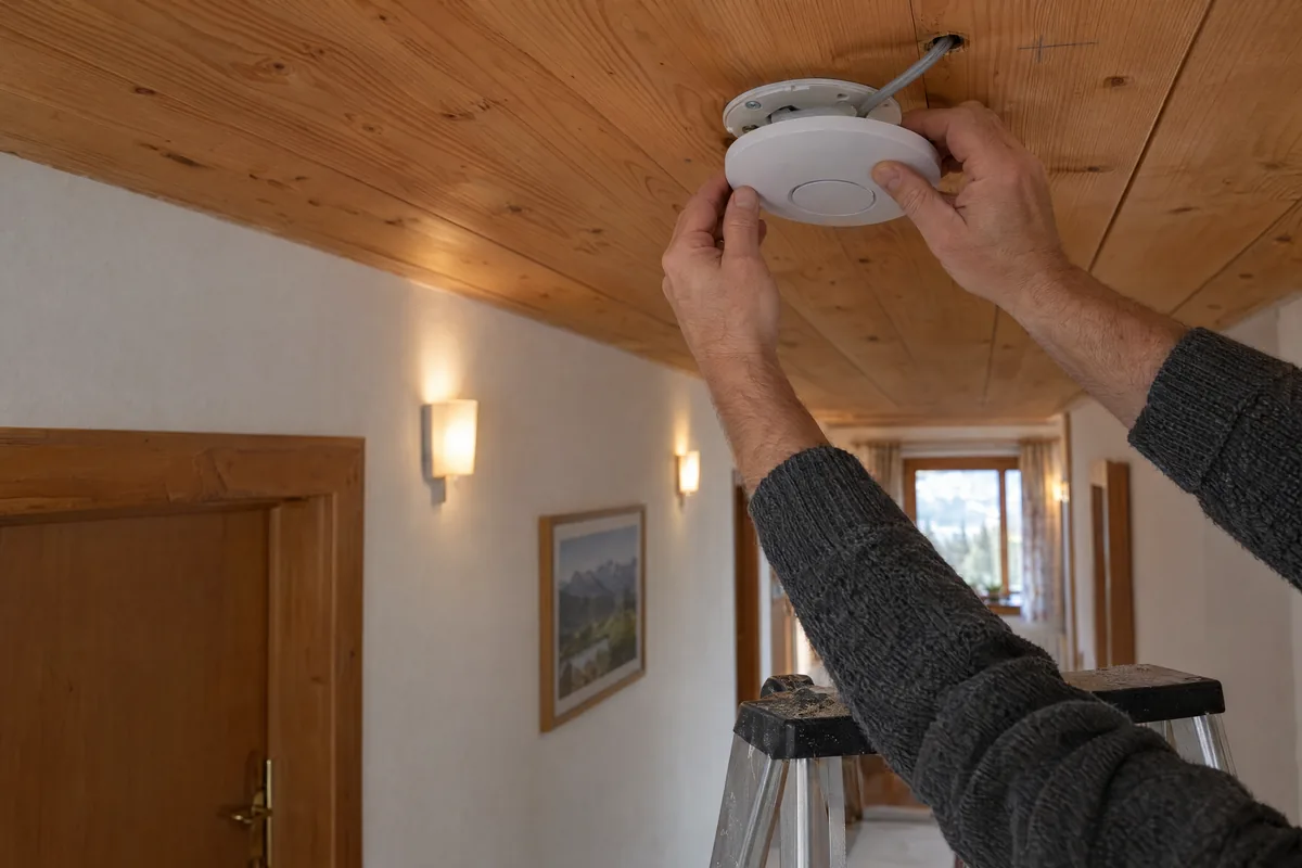 Montáž stropného Wi‑Fi prístupového bodu na chodbe penziónu