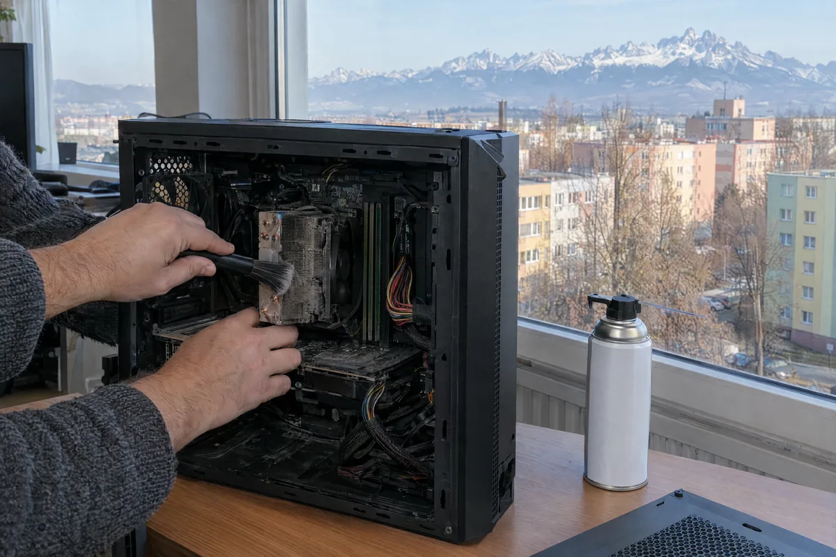 Čistenie chladiča počítača v kancelárii v Poprade, za oknom Vysoké Tatry