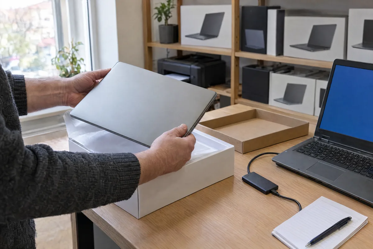 Vybaľovanie nového notebooku na pulte servisu, vedľa starší notebook s externým diskom na prenos dát