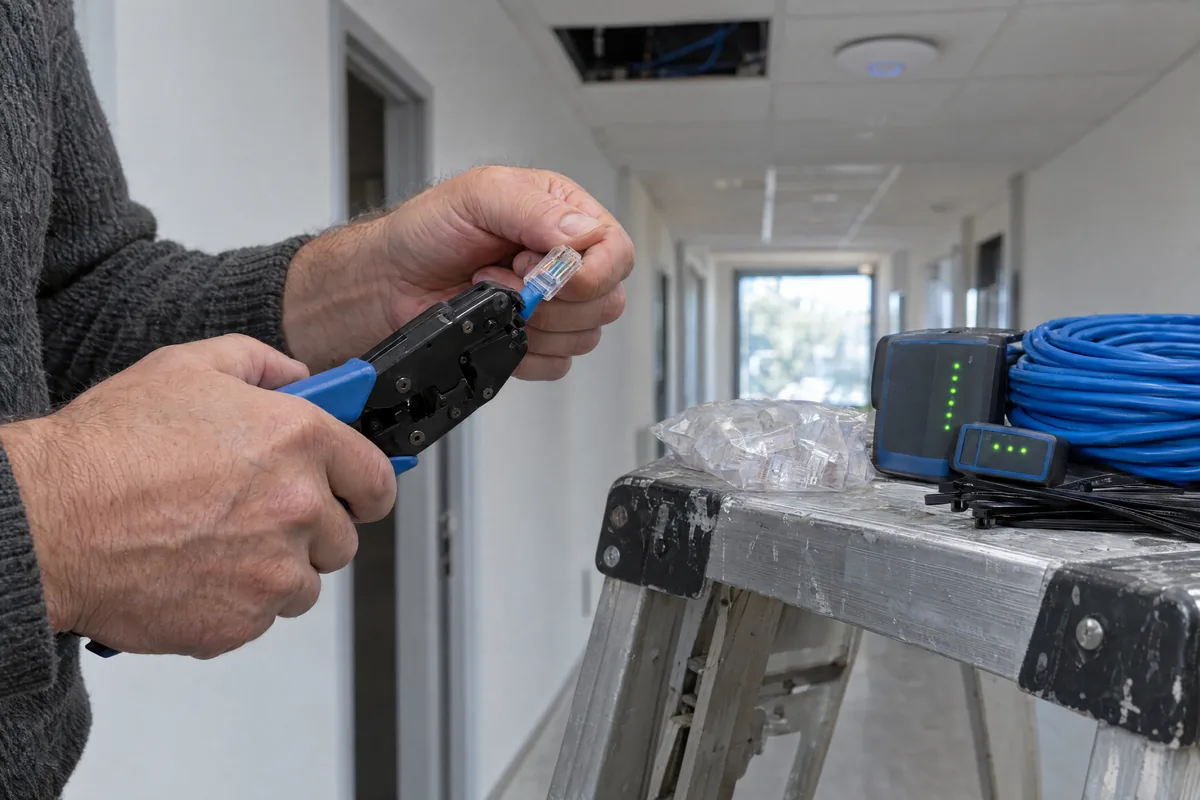 Krimpovanie konektora RJ45 na sieťový kábel pri montáži siete